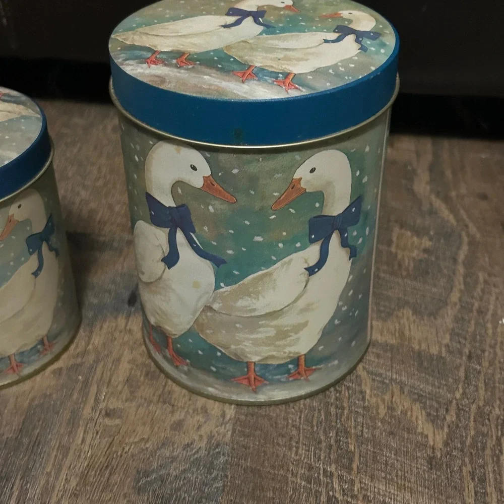 Vintage Country Goose Kitchen Set 2 Metal Tins and 1 Ceramic Trivet Blue Ribbon